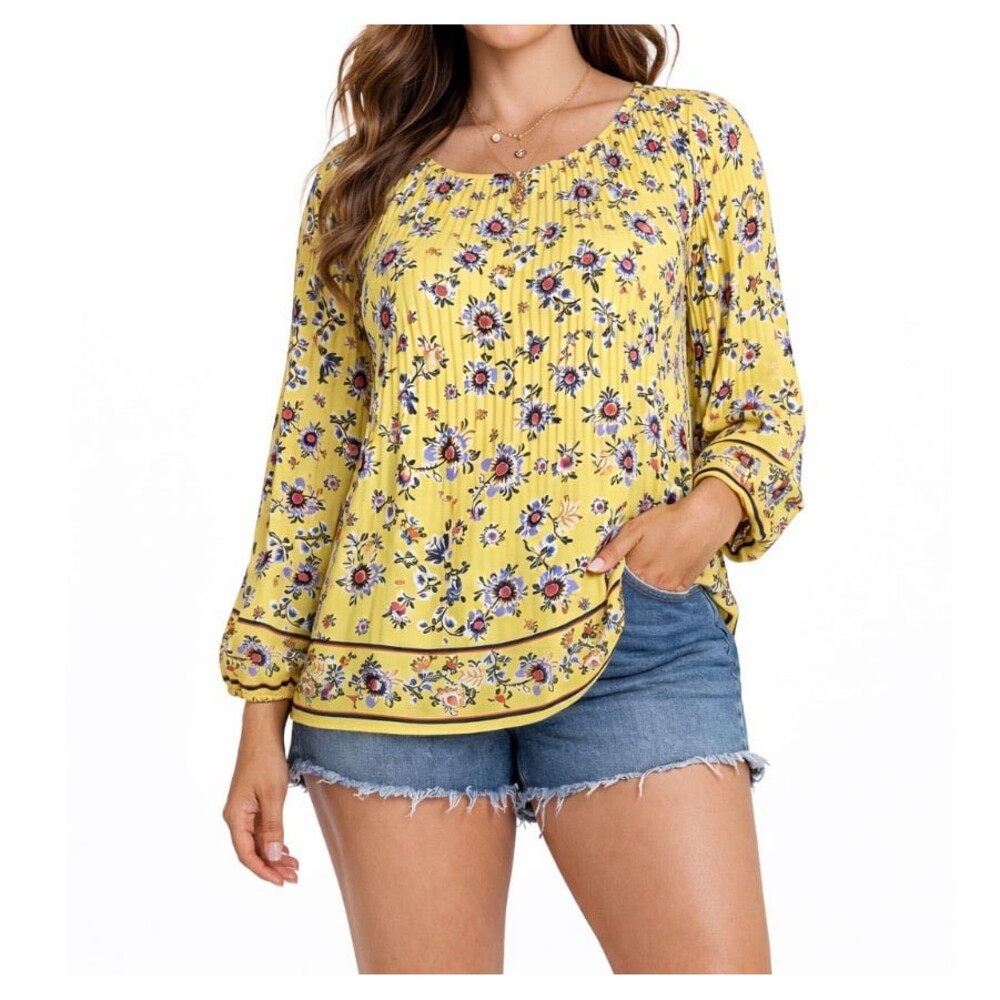 MAX STUDIO top blouse accordion yellow floral print trumpet sleeve SZ SM